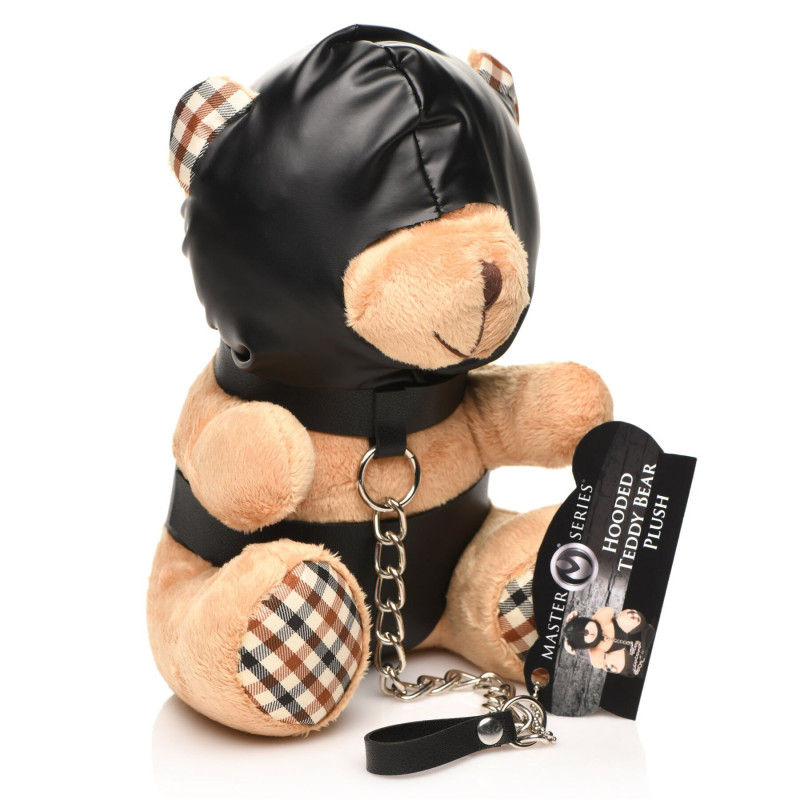 Плюшевий ведмедик Master Series HOODED Teddy Bear БДСМ, детальний вигляд капюшона та текстури шкіри