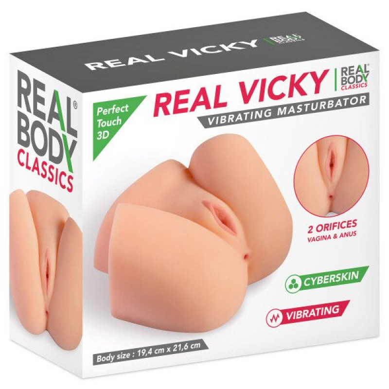 Упаковка мастурбатора Real Body Vicky: стильна коробка, бренд Real Body, комплект поставки