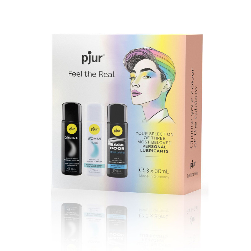 Вигляд збоку упаковки Pjur Pride Box, що демонструє три пляшечки з різними типами змазок