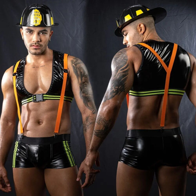 Чоловічий еротичний костюм пожежного JSY Вогненний Себастьян, вид ззаду, деталі дизайну