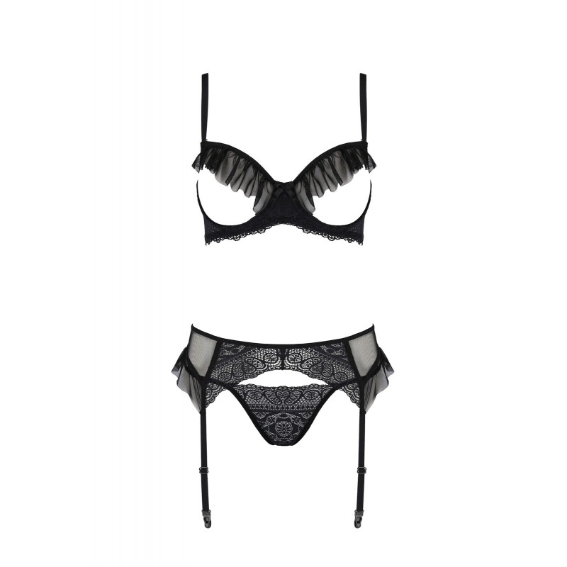 Комплект білизни Passion KERRIA SET WITH OPEN BRA black, вигляд збоку, що демонструє посадку бюстгальтера та пояса для панчіх, розмір XXL/XXXL