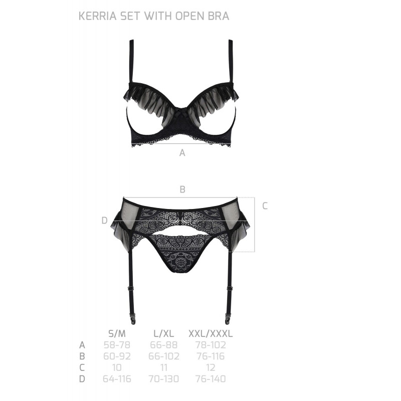 Комплект білизни Passion KERRIA SET WITH OPEN BRA black, комплект включає стрінги та пояс для панчіх, розмір XXL/XXXL