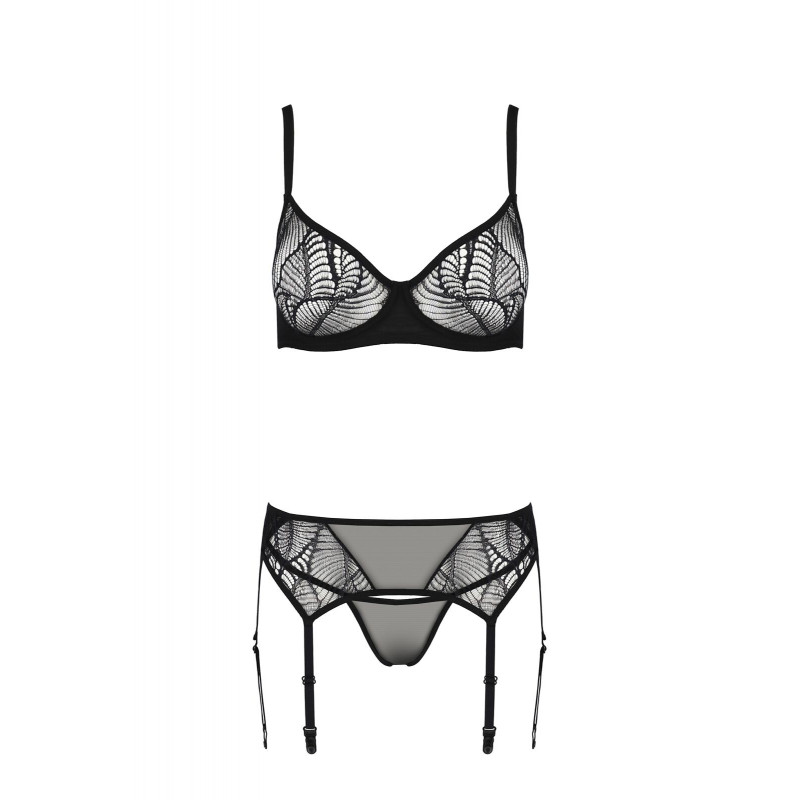 Комплект Passion LEAFA SET black L/XL: вид збоку на бюстгальтер з кісточками, що забезпечує підтримку