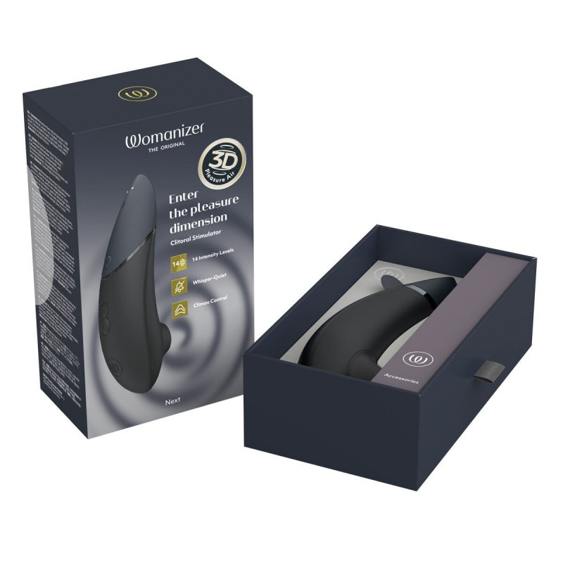 Комплектація Womanizer Next Black, що включає стимулятор, кабель та інструкцію