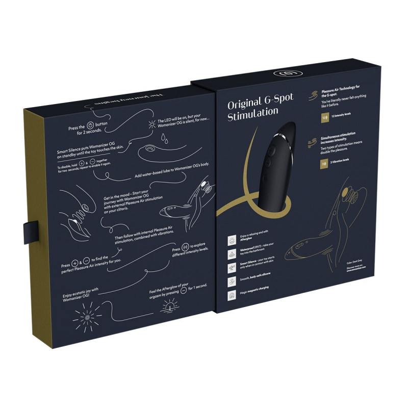 Вигляд з нижньої частини стимулятора Womanizer OG Dark Grey, що показує його конструкцію