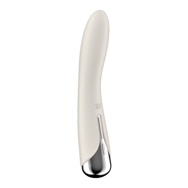 Вібратор Satisfyer Spinning Vibe 1 Beige в руках, демонструє розмір та зручність тримання, ідеально для глибокої стимуляції