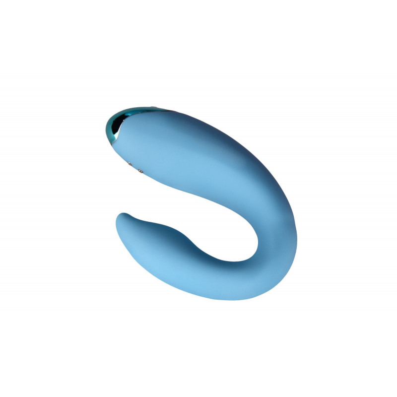 Синій вібратор для пар FairyGasm PleasureBerry, детальний вигляд збоку, що показує його вигини та текстуру