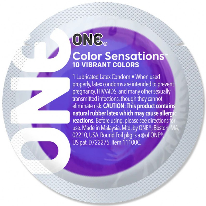 Упаковка презерватива ONE Color Sensations Pick ONE фіолетовий, вид збоку