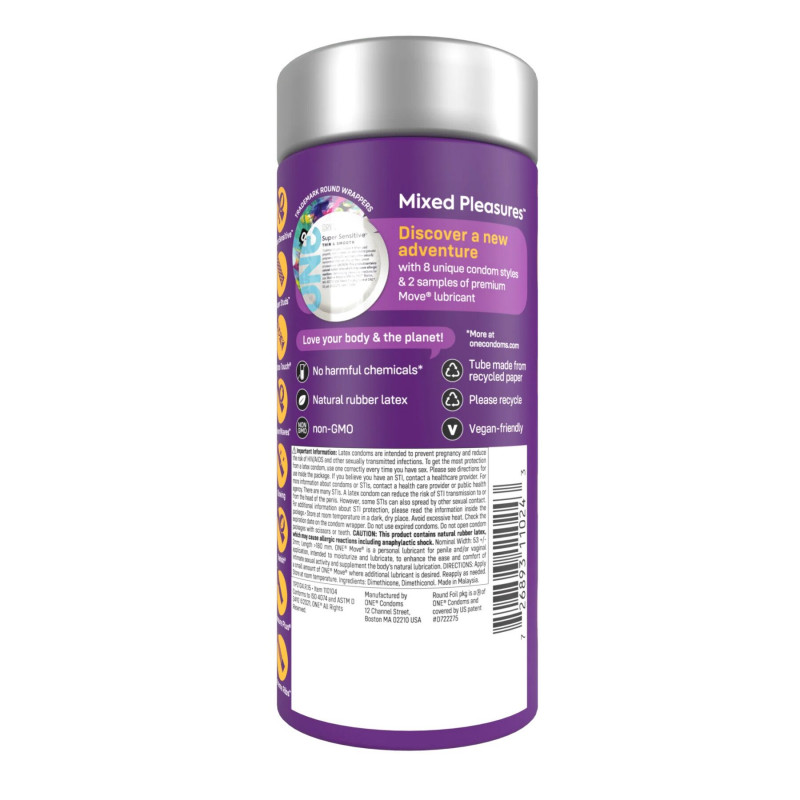 Презервативи ONE Mixed Pleasures, текстура одного з видів, лубрикант, у тубусі