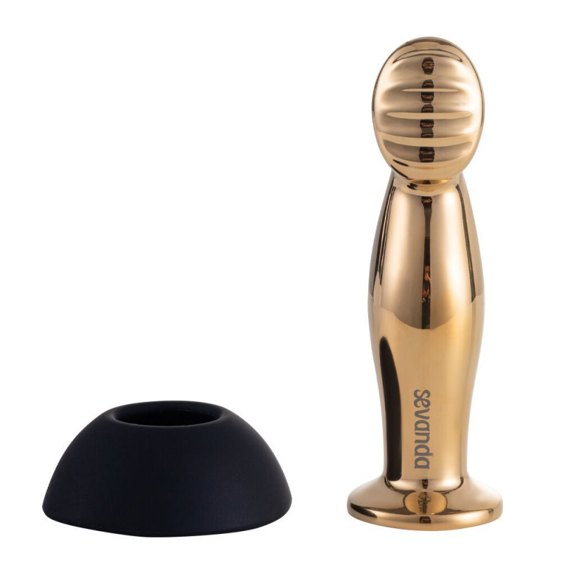 Блискуча текстура золотистого корпусу вібромасажера LOCKINK SEVANDA Eros