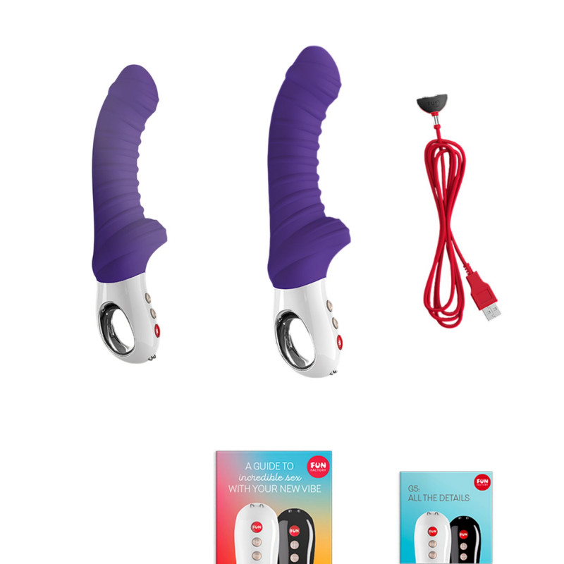 Вібратор Fun Factory TIGER violet в режимі роботи, видно вигин для точки G