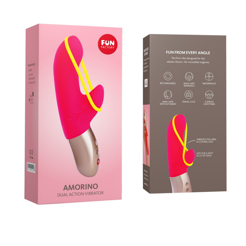 Мінівібратор-кролик Fun Factory AMORINO pink/neon yellow у дії, демонструє його компактність та привабливий дизайн