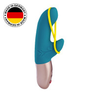 Мінівібратор-кролик Fun Factory AMORINO petrol/neon yellow, зі знімною стимулювальною стрічкою