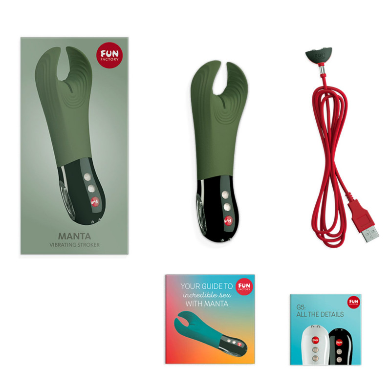 Вібратор Fun Factory MANTA moss green/black у природному освітленні, демонструє насичений зелено-чорний колір