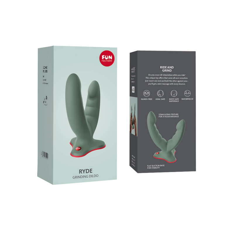 Подвійний фалоімітатор Fun Factory RYDE wild olive - упаковка зблизька, бренд