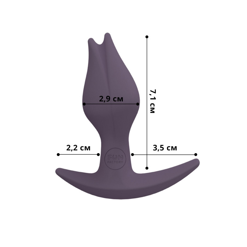 Детальний вигляд збоку анальної пробки Fun Factory BOOTIE FEM, фіолетовий силікон, ергономічна форма