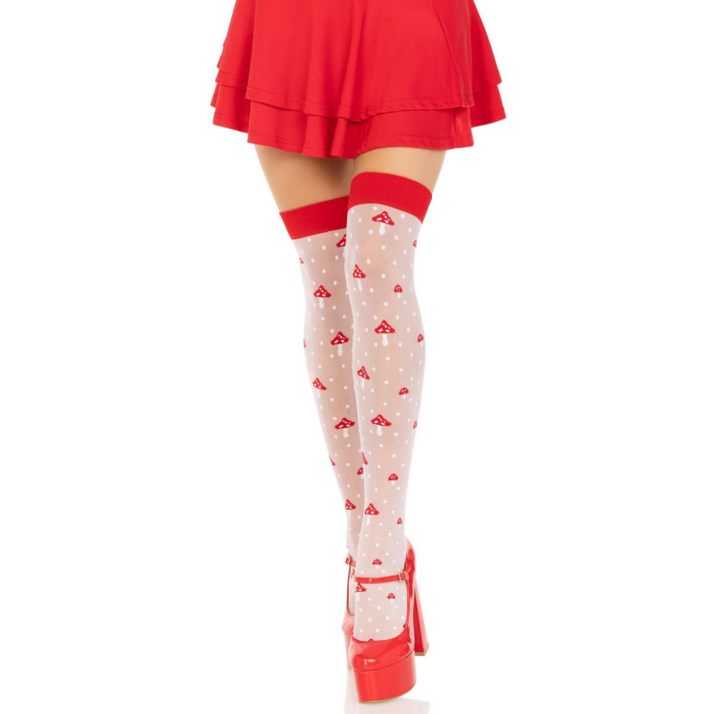 Панчохи Leg Avenue Polka Dot Mushroom (One Size) біло-червоні, показані збоку для демонстрації довжини
