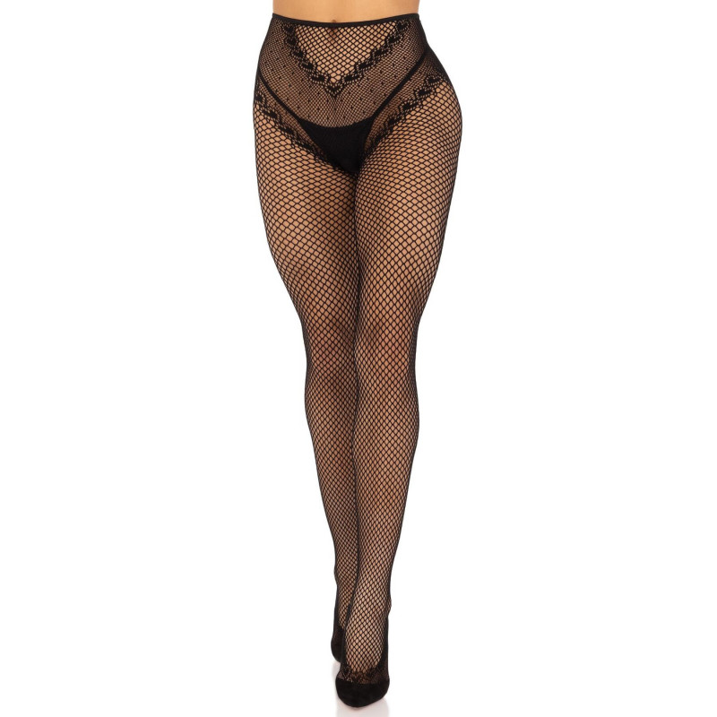 Чорні стрип-колготки Leg Avenue Crotchless Net Tights Heart Backseam з доступом - крупний план