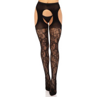 Чулки Leg Avenue Eyelet Lace Suspender Hose, One Size, черные, ажурные, с открытым доступом