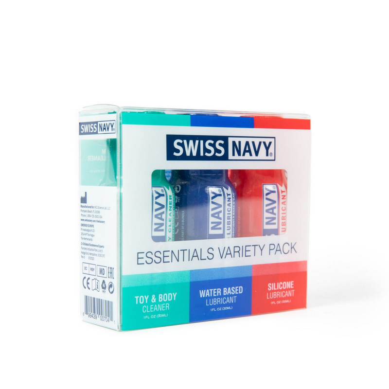 Swiss Navy Essentials Variety Pack: упаковка набору лубрикантів, дизайн та інформація