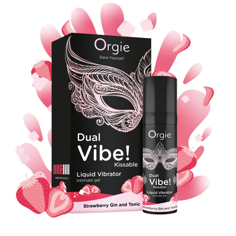 Рідкий вібратор Orgie Dual Vibe! Strawberry Gin & Tonic Kissable Liquid Vibrator, 15 мл - вигляд збоку, демонструє форму