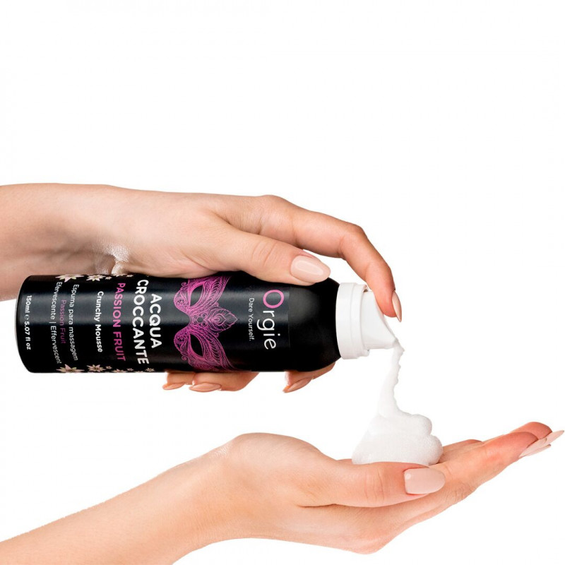 Флакон масажної пінки Orgie Acqua Croccante Passion Fruit 150 мл, вид збоку, демонструє об'єм