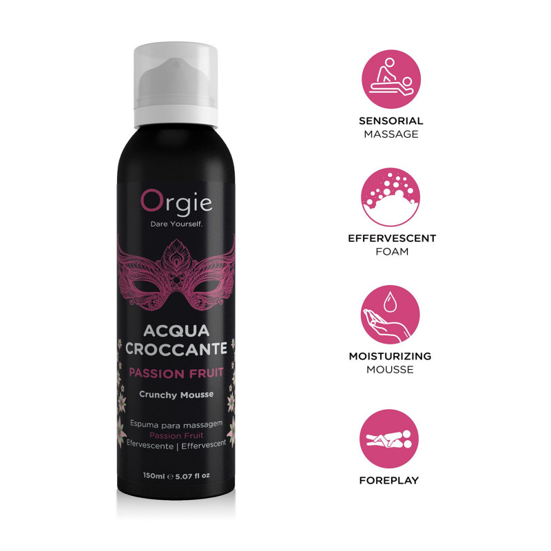 Упаковка масажної пінки Orgie Acqua Croccante Passion Fruit 150 мл, яскравий дизайн