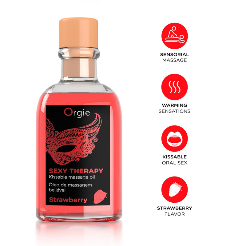 Детальний вигляд збоку набору Orgie Sexy Therapy Strawberry: пляшечка їстівної олії та пір'їнка