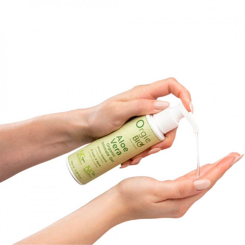 Лубрикант Orgie Bio Aloe Vera Intimate Gel 100 мл, вигляд збоку, демонстрація пляшки та аплікатора