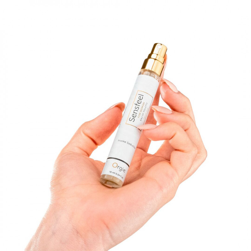 Флакон жіночих парфумів Orgie Sensfeel for Woman Travel Size 10 мл з феромонами, вид збоку, розпилювач
