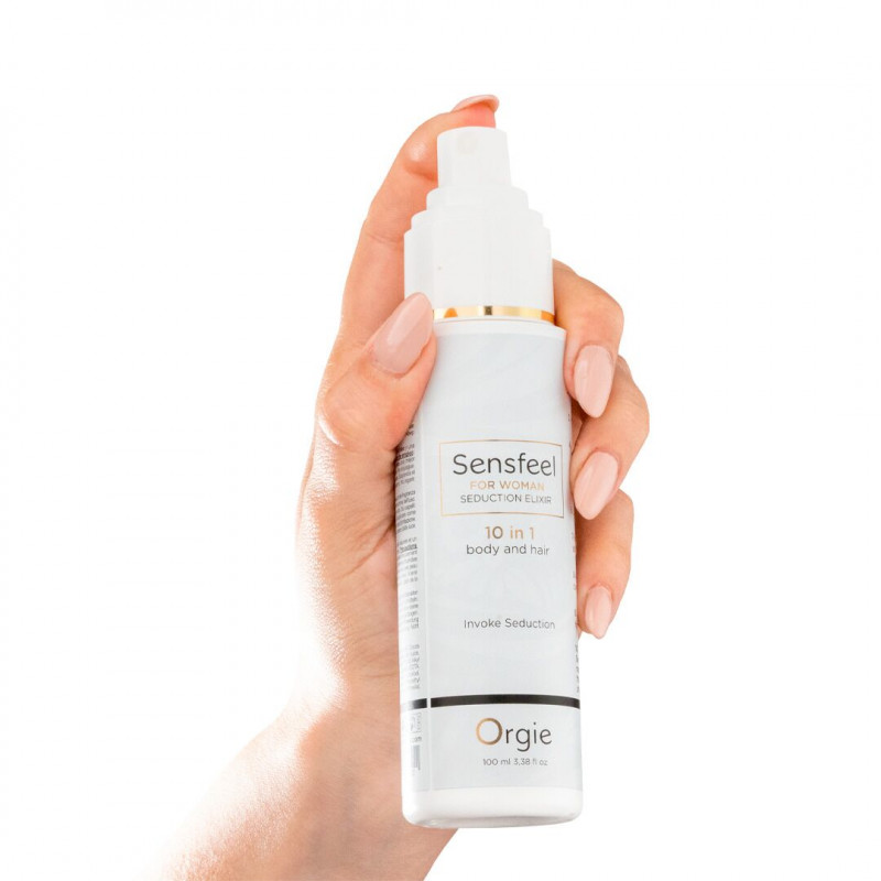 Лосьон Orgie Sensfeel Seduction Elixir 10 in 1 Woman - вид флакона сбоку, демонстрирующий объем 100 мл