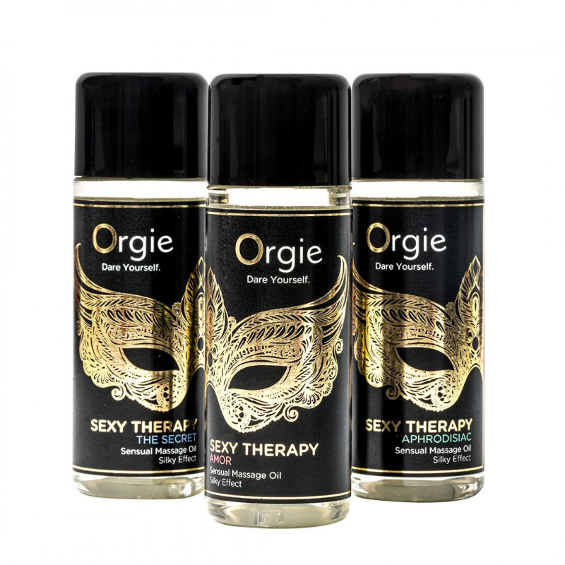Три різні аромати масажних олій з набору Orgie Sexy Therapy Mini Size Collection, представлені в мініатюрних пляшечках з ефектним дизайном.