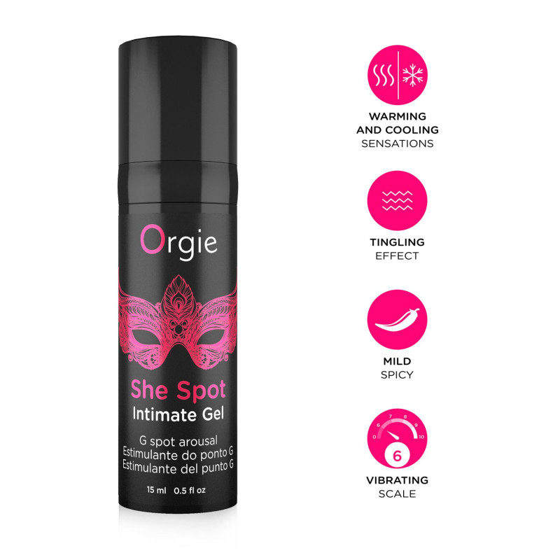Упаковка гелю Orgie She Spot Intimate Gel, 15 мл, з інформацією про тепло-холод ефект
