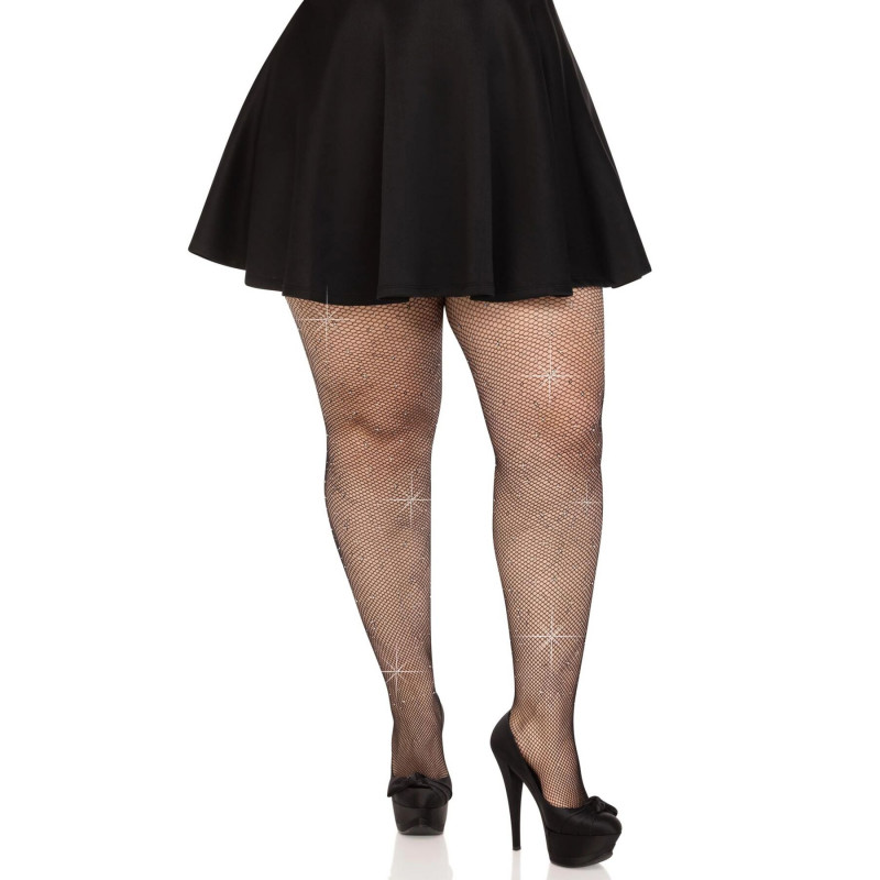 Розтягнуті колготки Leg Avenue Rhinestone micro net tights Plus size Black, демонстрація посадки