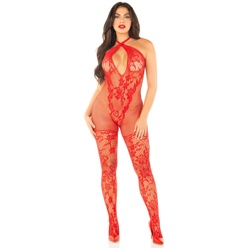 Червоний бодістокінг Leg Avenue Seamless Net and Lace Lingerie Jumpsuit, вид збоку, демонстрація крою