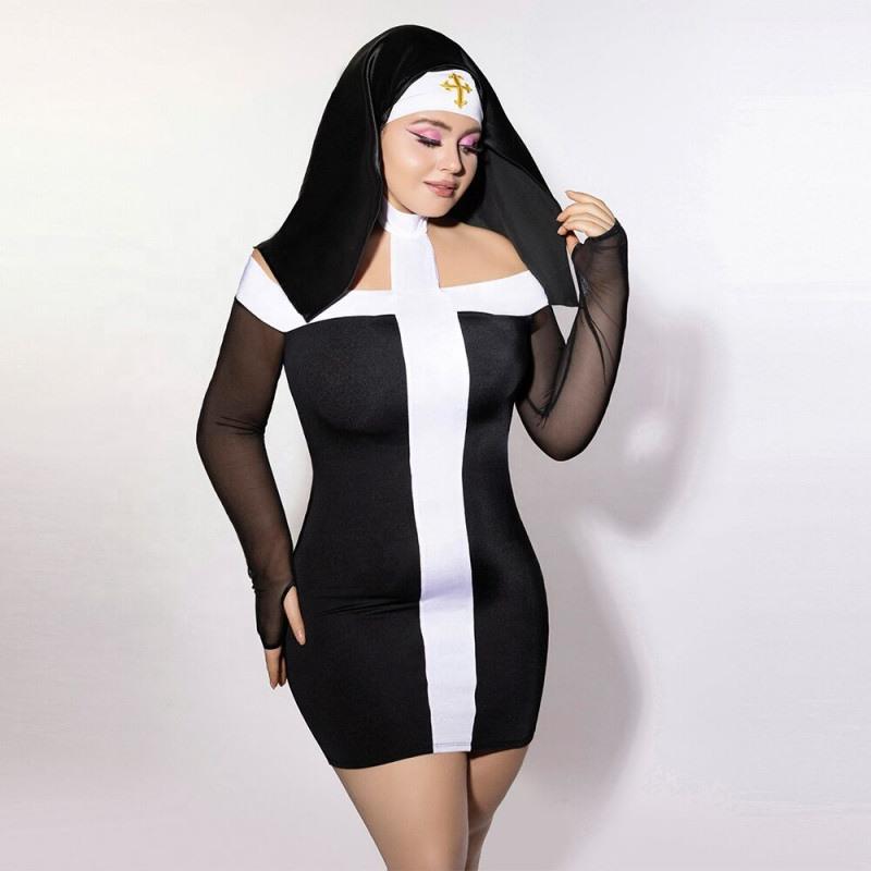 Еротичний костюм монашки JSY P61130 Plus Size: вигляд збоку, акцент на силуеті та довжині спідниці.