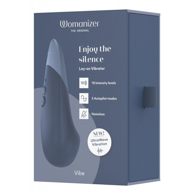 Мінівібратор Womanizer Vibe Dark Blue у застосуванні, демонстрація розміру