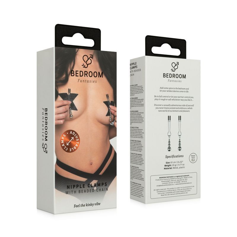 Стилізоване фото затискачів для сосків Bedroom Fantasies Nipple Clamps Beaded Chain Silver, демонструє їх елегантність