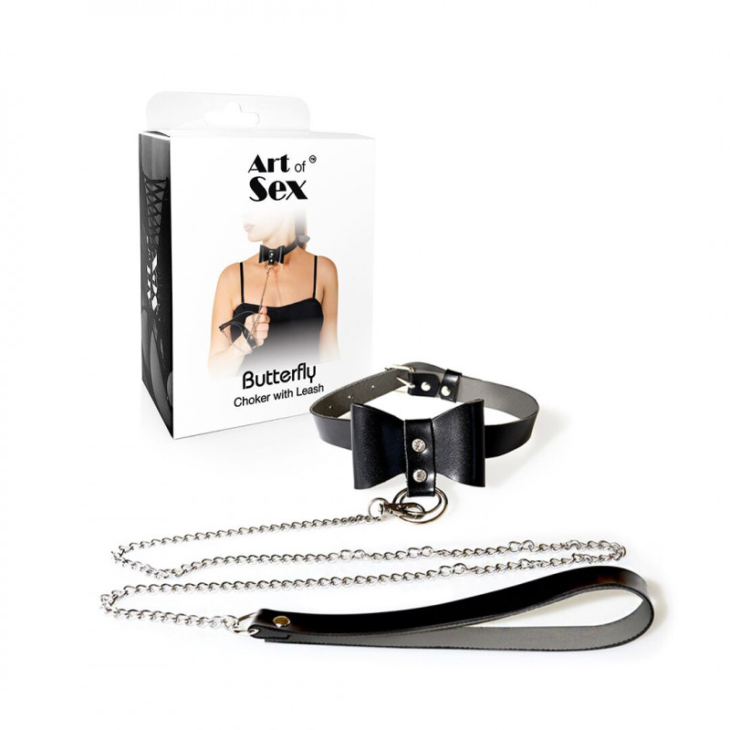 Чокер з повідцем Art of Sex Butterfly чорний, текстура екошкіри