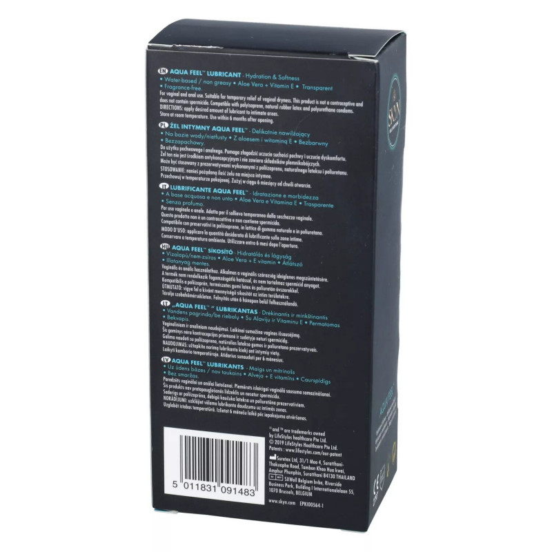 Упаковка лубриканта SKYN Aqua Feel 80 мл, вид ззаду з інформацією про склад