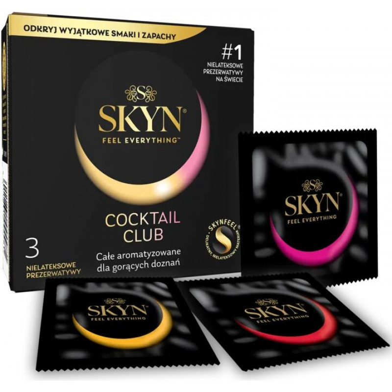Вигляд збоку на упаковку презервативів SKYN Cocktail Club, що демонструє яскраві дизайни смаків