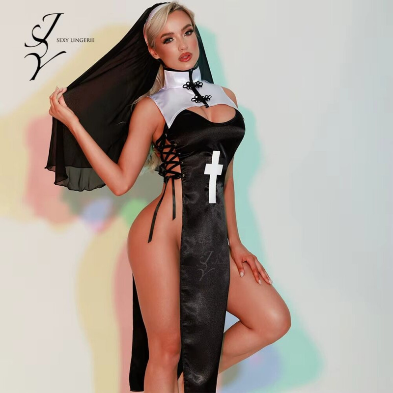 Деталі еротичного костюма черниці JSY 5950: мереживна обробка та хрестик