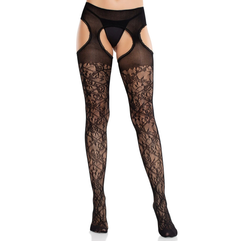 Колготки Leg Avenue Cross Hatch Floral Lace Suspender Hose, вид збоку, демонструють детальну текстуру сітки та квіткового мережива