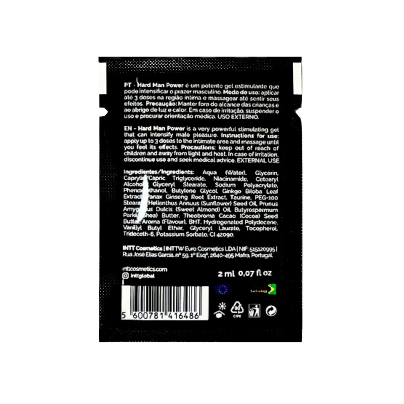 Пробник стимулюючого гелю Intt Hard Man Power (2 мл) - упаковка та деталі на звороті, опис складу та властивостей.