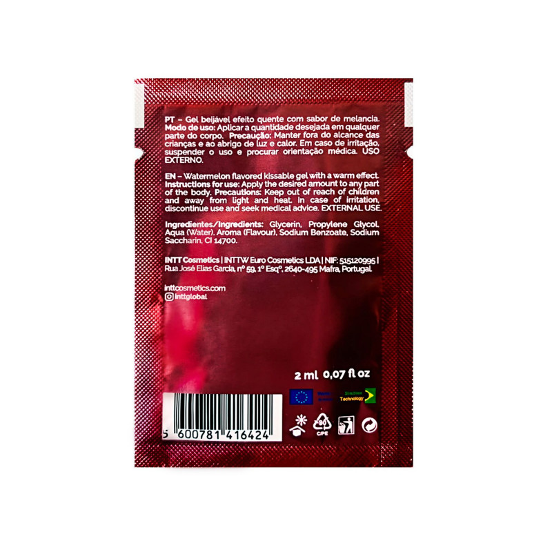 Упаковка пробника гелю INTT Lick Me Kissable Gel Watermelon 2 мл – вид збоку, що демонструє компактний розмір