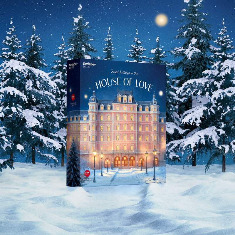 Подарункова упаковка Satisfyer Deluxe Advent Calendar 2025, що готова до вручення, з акцентом на святковий вигляд