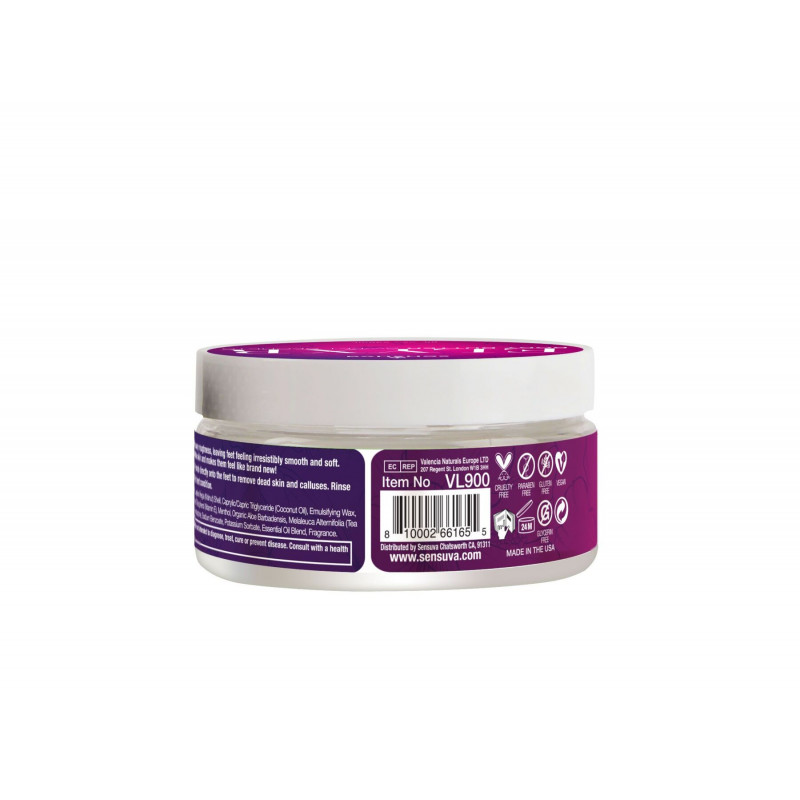 Упаковка скрабу для ніг Sensuva ELXYR Sugar Scrub - Sweet Secrets (236 мл) збоку, демонструє деталі дизайну