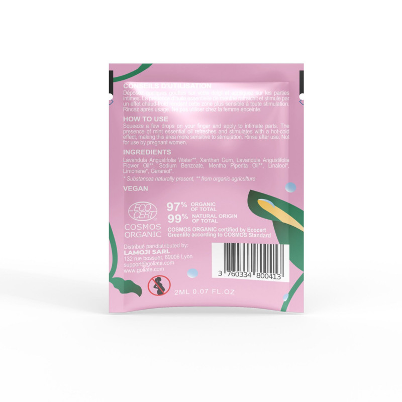 Вигляд збоку пробника стимулювального гелю Goliate Gel Plaisir Féminin 2 мл, видно текстуру