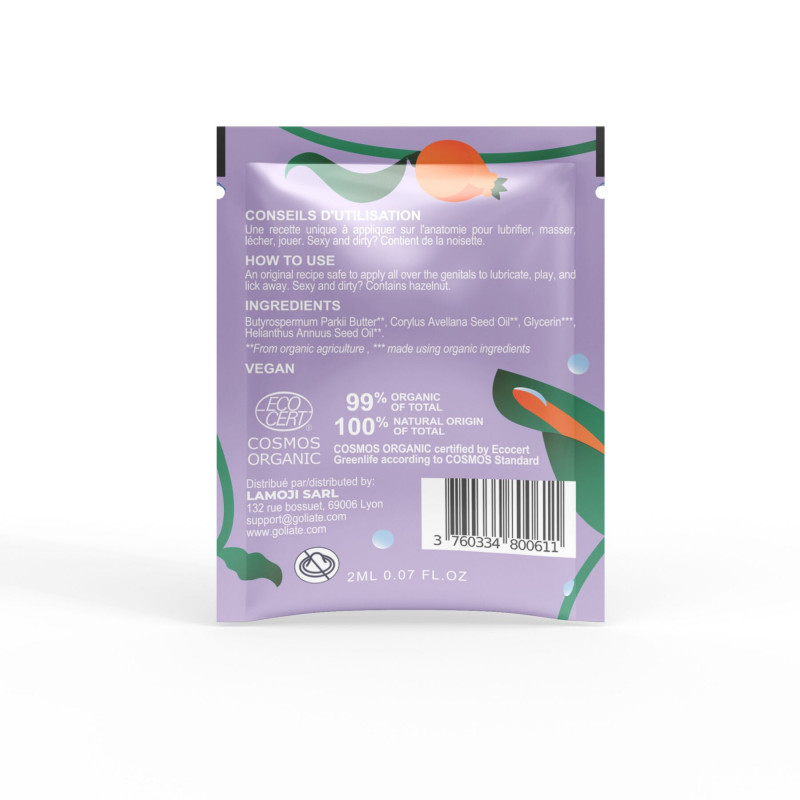 Пробник масажної олії Goliate Couple Gourmand Noisette 2 мл збоку, демонструє упаковку.