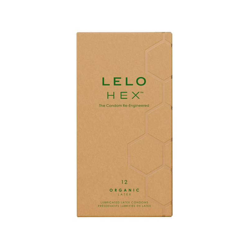 Близький вид упаковки презервативів LELO HEX Condoms Organic 12 шт. з акцентом на органічний склад.